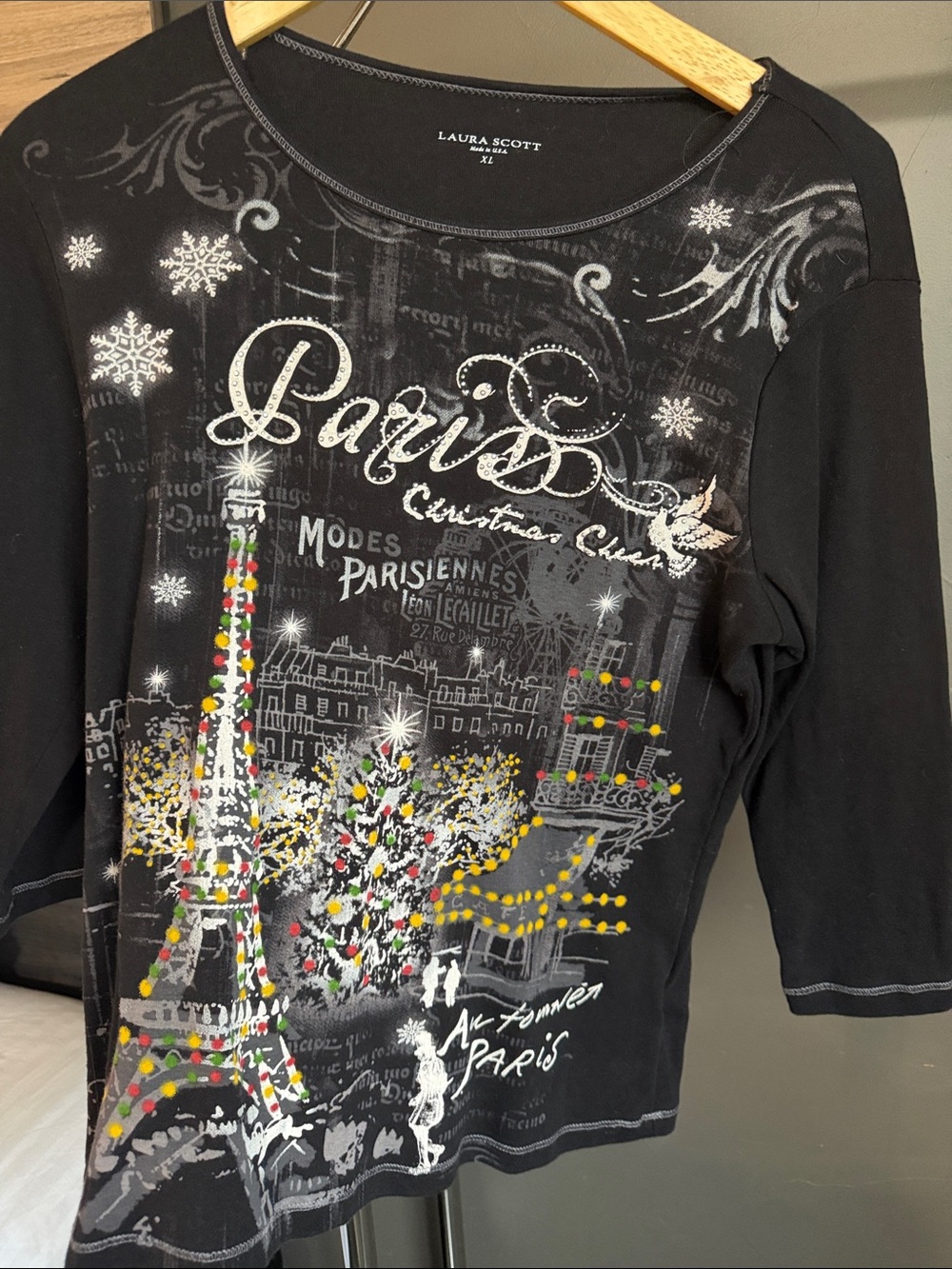 Laura Scott Paris Christmas Rhinestone Embellished 3/4 sleeve Shirt, Sz XL